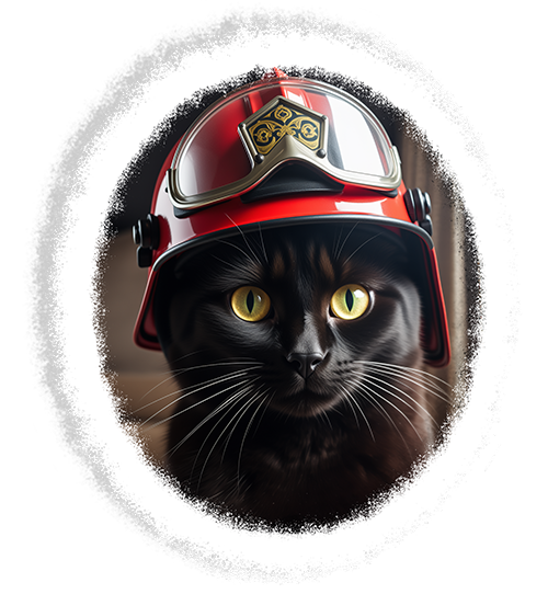 Bürokater Heino mit Feuerwehrhelm